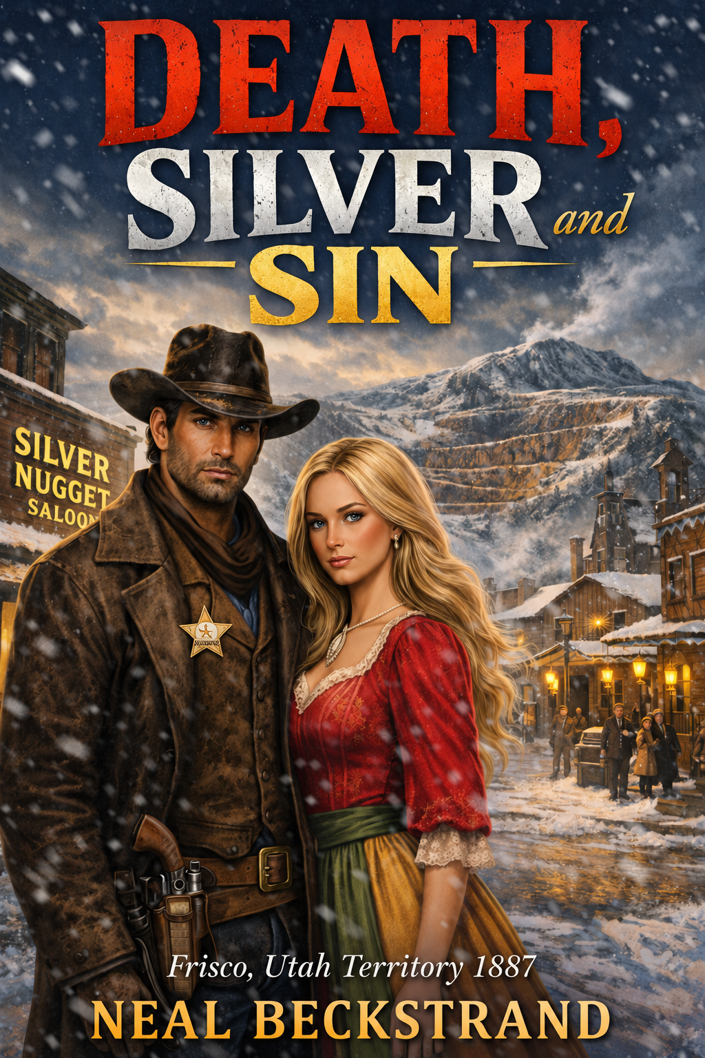 Cover of Death, Silver and Sin by Neal Beckstrand, showing a marshal and a young woman in snowy Frisco, Utah Territory